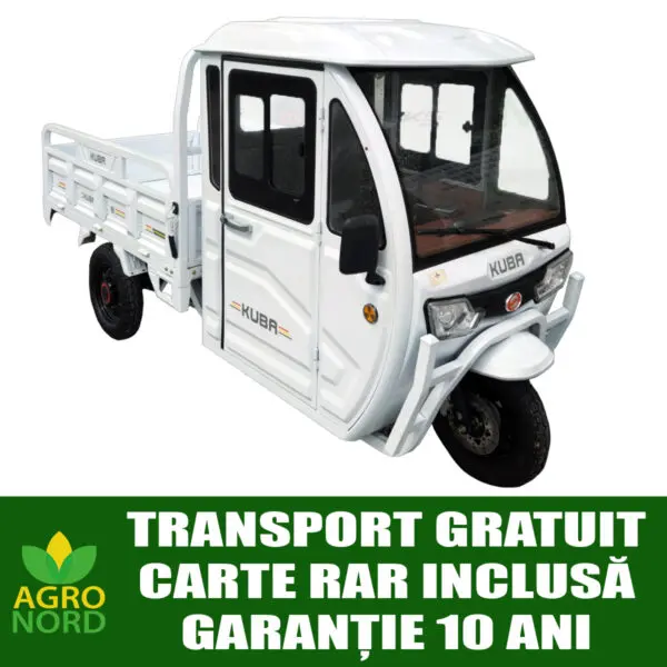 tricicleta electrica kuba e kamyonet cu cabina, putere motor 1000 w, baterie de 58 ah / 72v, autonomie de 60 80 km, fara permis, viteza 25 km/h, culoare alb, carte rar inclusa