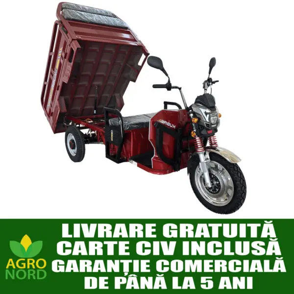 triciclu electric kuba gl15000, putere motor 1500w, baterie de 45 ah/72v, autonomie 60 70 km, fara permis, viteza 25km/h, culoare rosu, carte rar inclusa