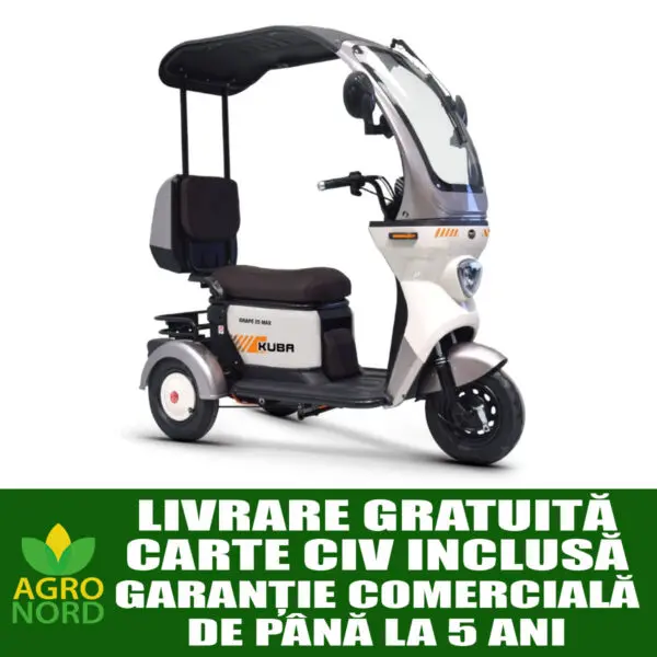 triciclu electric kuba grape 25 max, putere motor 500 w, baterie 60v /32ah, autonomie 50 km, fara permis, viteza max 25 km/h, carte rar inclusa