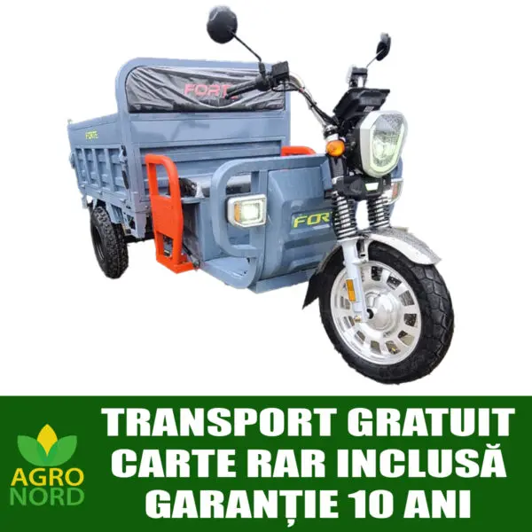 triciclu electric forte cargo 1000 plus, putere motor 2000 w, acumulator litiu ion 72v/60ah, autonomie 80 km, fara permis, viteza 25km/h, culoare gri, carte rar inclus