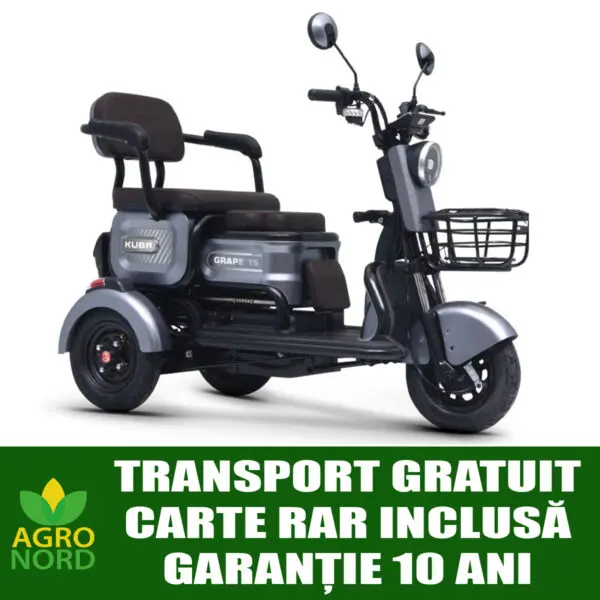 triciclu electric kuba grape 15, putere motor 500 w, baterie 60v/32ah, autonomie 40 km, fara permis, viteza 25 km/h, culoare gri, carte rar inclusa