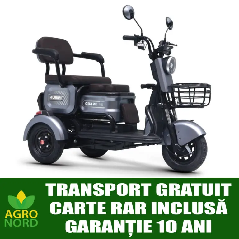 triciclu electric kuba grape 15, putere motor 500 w, baterie 60v/32ah, autonomie 40 km, fara permis, viteza 25 km/h, culoare gri, carte rar inclusa