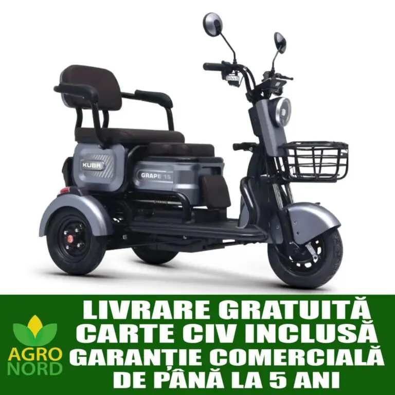 Triciclu electric KUBA GRAPE 15, putere motor 500 W, baterie 60V/32Ah, autonomie 40 Km, fara permis, viteza 25 km/h, culoare gri, carte RAR inclusa