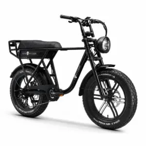 Bicicletă electrică APE RYDER A10 Black cu motor 250W, baterie 36V/10Ah, autonomie până la 60 km, roți de 20 inch și transmisie Shimano cu 7 viteze.