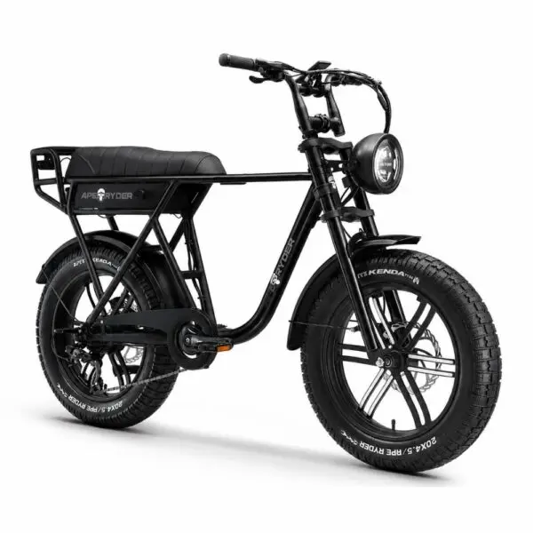 Bicicletă electrică APE RYDER A10 Black cu motor 250W, baterie 36V/10Ah, autonomie până la 60 km, roți de 20 inch și transmisie Shimano cu 7 viteze.