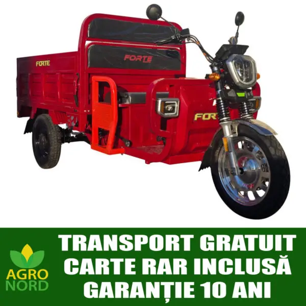 triciclu electric forte cargo 1000, putere motor 2000 w, baterie litiu ion 72 v/60ah, autonomie 80 km, fara permis, viteza 25 m/h, culoare rosu, carte rar inclusa