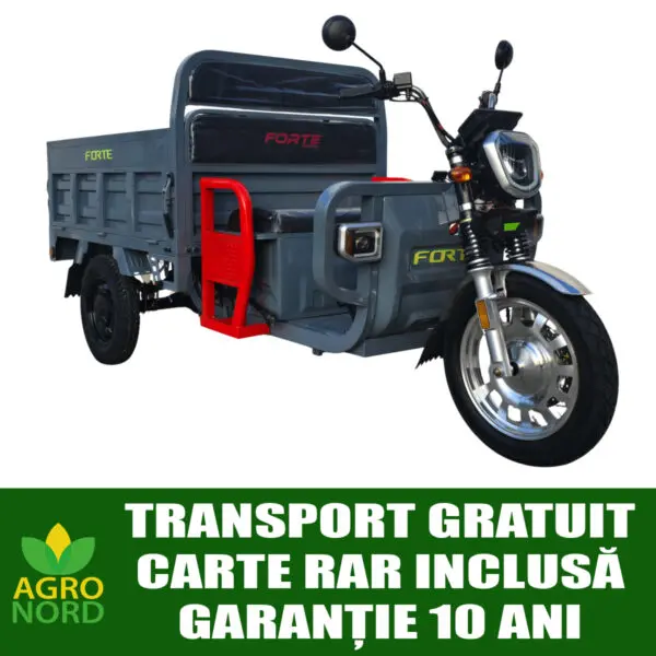 triciclu electric forte cargo 1000, putere motor 2000 w, baterie litiu ion 72v/60ah, autonomie 80 km, fara permis, viteza 25km/h, culoare gri, carte rar inclus