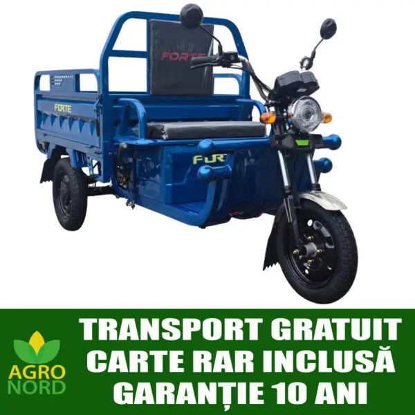 triciclu electric forte cargo 500, putere motor 1000 w, baterie plumb acid 60v/52ah, autonomie 50 km, fara permis, viteza 25 km/h, culoare albastru, carte rar inclusa
