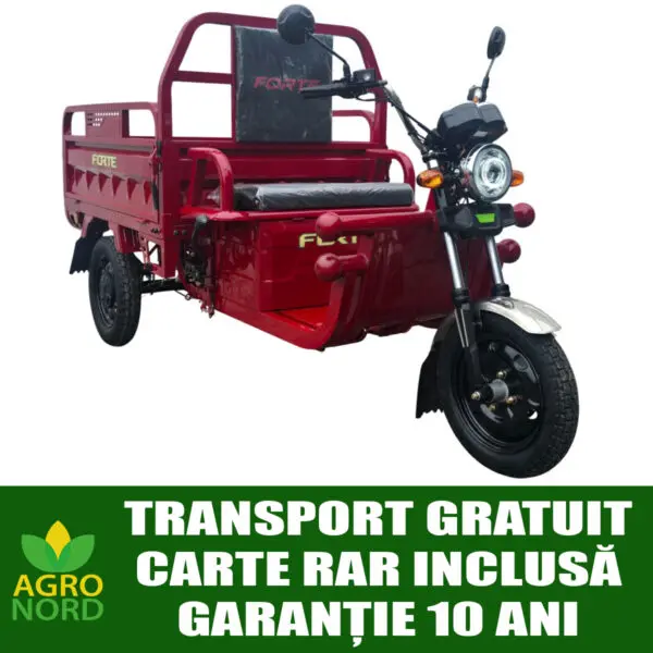 triciclu electric forte cargo 500, putere motor 1000 w, baterie plumb acid 60v/45ah, autonomie 50 km, fara permis, viteza 25 km/h, culoare rosu, carte rar inclusa