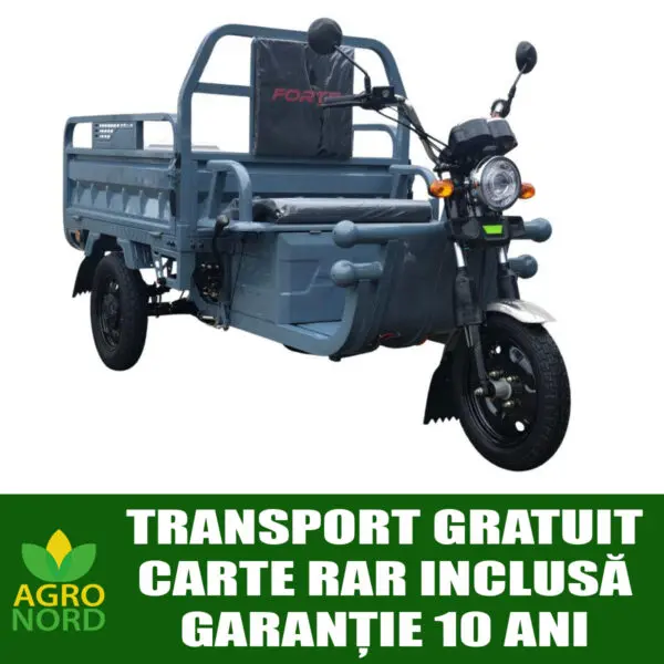 triciclu electric forte cargo 500, putere motor 1000 w, baterie plumb acid 60v/45ah, autonomie 50 km, fara permis, viteza 25 km/h, culoare gri, carte rar inclusa