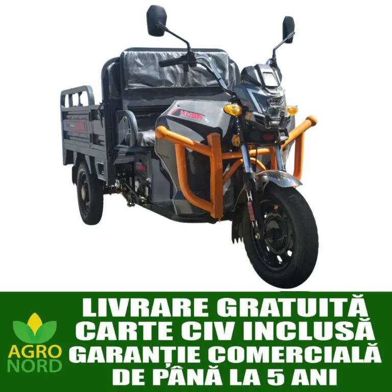 Triciclu electric de marfă KUBA LIGHT CARGO L2e-U, culoare gri antracit, cu benă basculabilă de 385 kg și bare de protecție portocalii, vedere din față.
