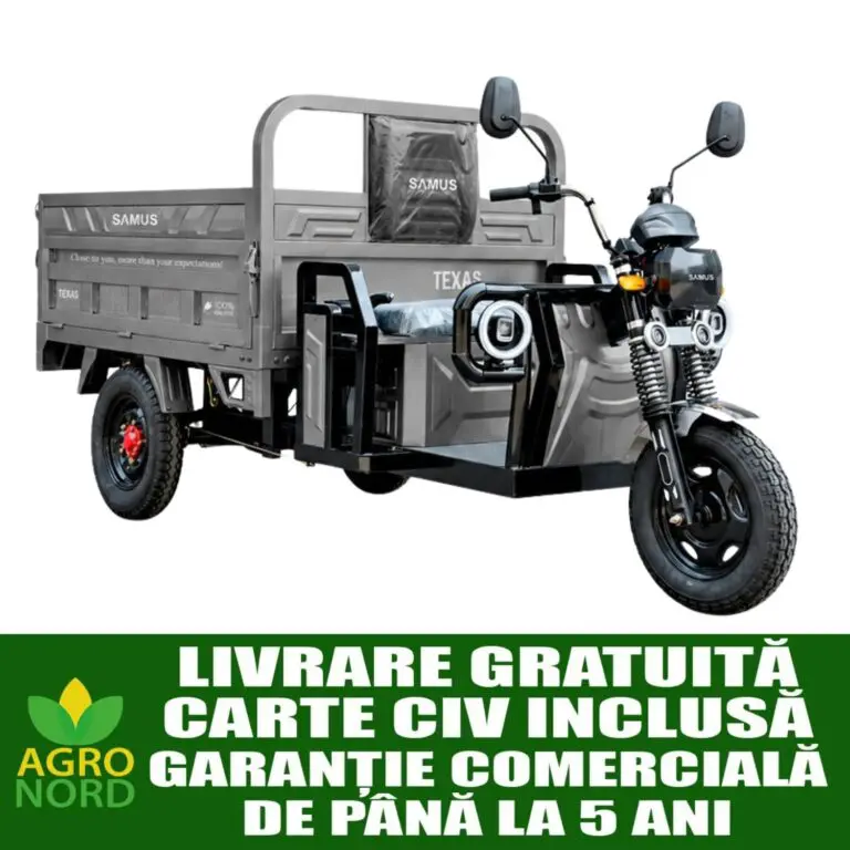 Triciclu electric tricicleta SAMUS CARGO TEXAS-170/130-12T150060V58-SILVER, motor electric 1500 W, acumulator 60V/58Ah, viteza maxima 35 km/h, autonomie pana la 50 km, sarcina maxima 593 kg, 1 loc, argintiu