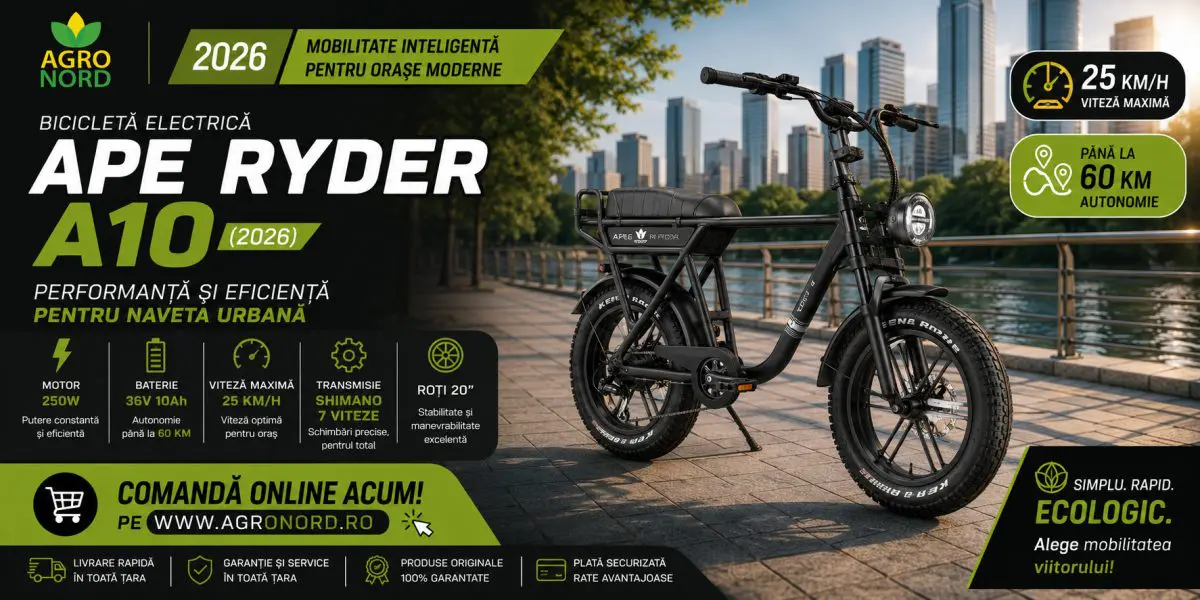 Banner AgroNord cu bicicleta electrică APE RYDER A10 (2026), motor 250W, baterie 36V/10Ah, autonomie până la 60 km și transmisie Shimano cu 7 viteze.