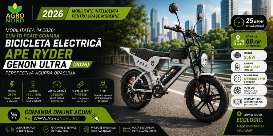 Banner AgroNord cu bicicleta electrică APE RYDER GENON ULTRA, motor 250W, baterie 48V/15Ah, autonomie până la 60 km, schimbător Shimano TX70 cu 7 viteze și display LCD.