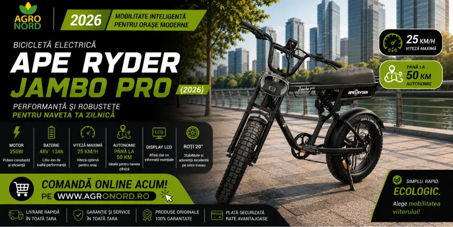 Banner AgroNord cu bicicleta electrică APE RYDER JAMBO PRO MATT BLACK, motor 250W, baterie 48V/13Ah, autonomie până la 50 km, display LCD și roți de 20 inch.