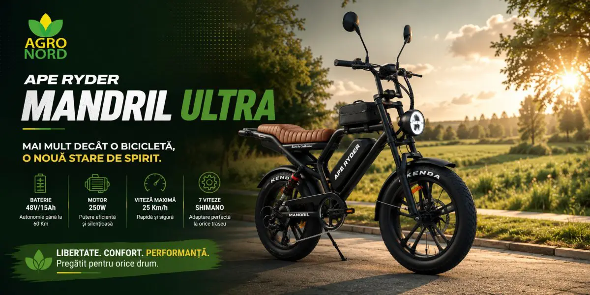 Bicicletă electrică APE RYDER MANDRIL ULTRA cu motor 250W, baterie 48V/15Ah, autonomie de până la 60 km și transmisie Shimano disponibilă la AgroNord.