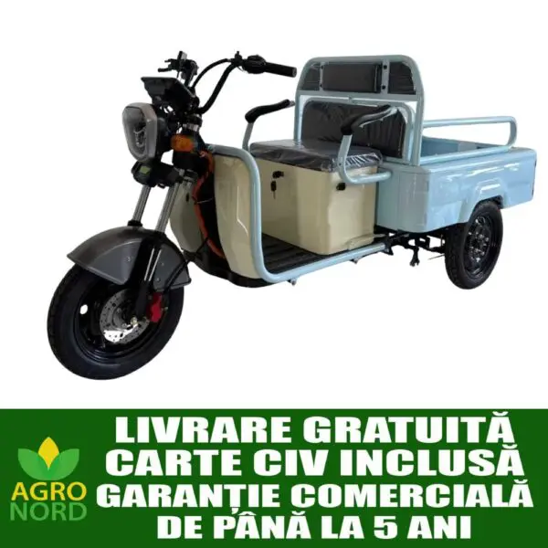 Triciclu electric utilitar FORTE CARGO 300 PLUS cu benă, livrare gratuită, carte CIV inclusă și garanție comercială, disponibil la AgroNord.