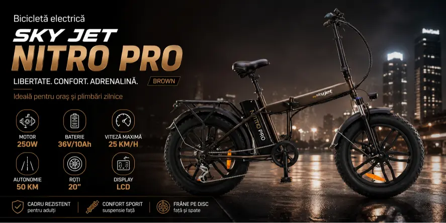 Bicicletă electrică SKY JET NITRO PRO BROWN, motor 250W, baterie 36V/10Ah, autonomie 50 km.