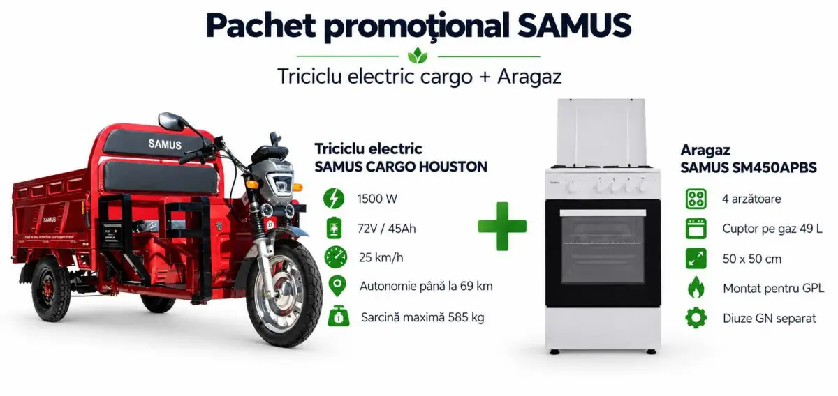 Pachet promoțional – Triciclu electric cargo Samus Houston + Aragaz Samus SM450APBS