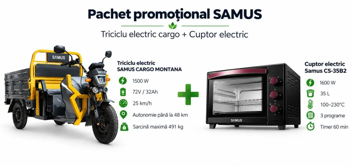 Pachet promoțional – Triciclu electric cargo Samus Montana + Cuptor electric Samus CS-35B2