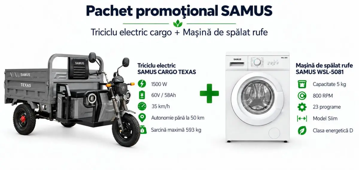 Pachet promoțional – Triciclu electric cargo Samus Texas 35 km/h + Mașină de spălat rufe Samus WSL-5081