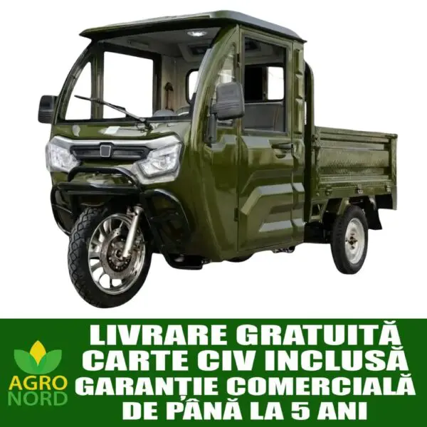 Triciclu electric, tricicleta cu cabină 3PLUSMOTO XF2200DZH, 3+KH06 GREEN, motor 2000 W, acumulator 72V/58Ah, viteza maxima 25 km/h, autonomie 59 km, afisaj LCD, 1 loc, verde