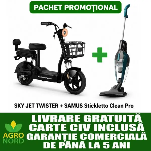Pachet promoțional - Scuter electric fără permis SKY JET TWISTER + Aspirator vertical Samus Stickletto Clean Pro