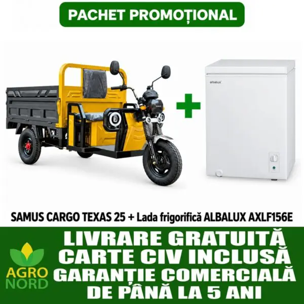 Pachet promoțional – Triciclu electric cargo SAMUS TEXAS 25 + Lada frigorifica ALBALUX AXLF156E