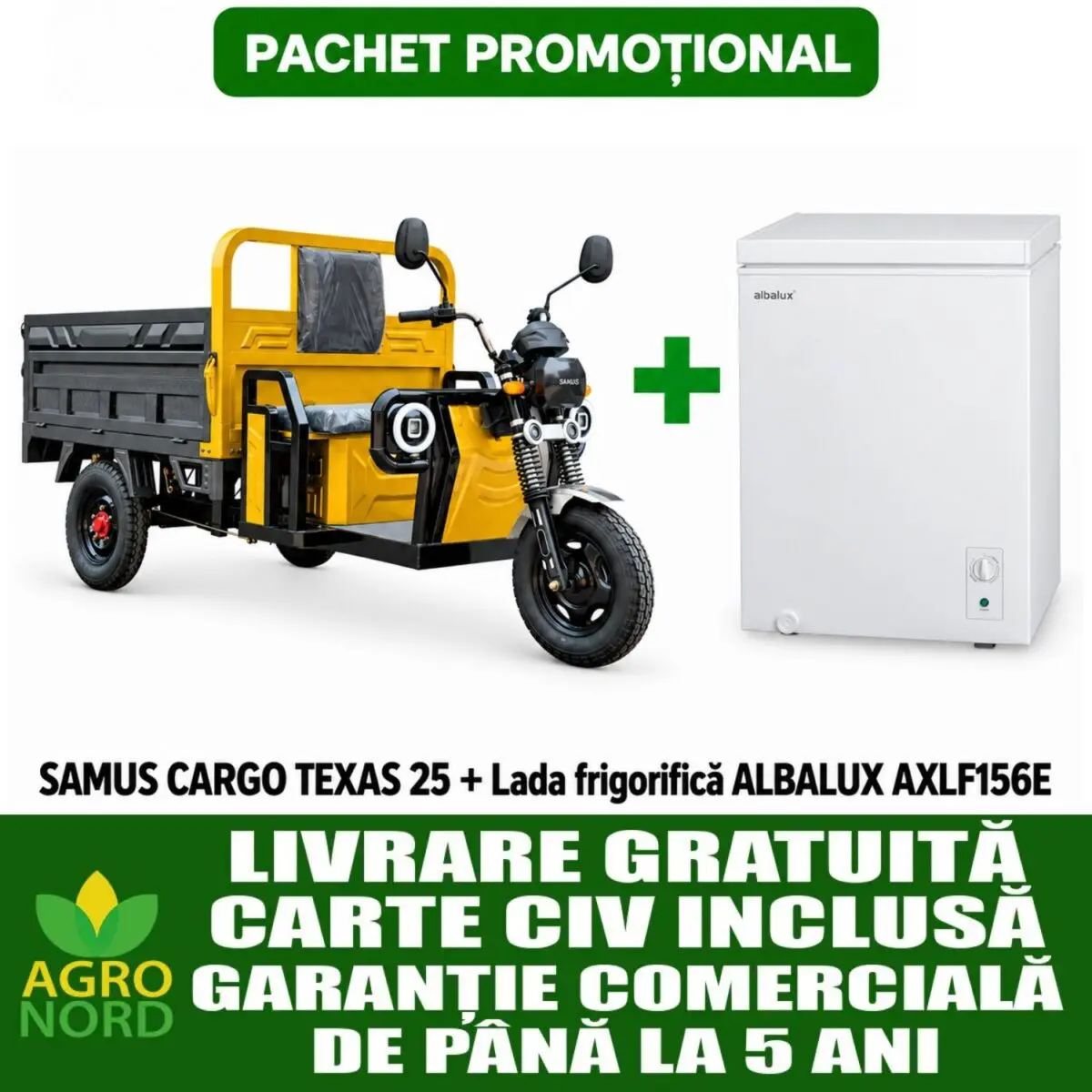 Pachet promoțional – Triciclu electric cargo SAMUS TEXAS 25 + Lada frigorifica ALBALUX AXLF156E Pachet promoțional – Triciclu electric cargo SAMUS TEXAS 25 + Lada frigorifica ALBALUX AXLF156E