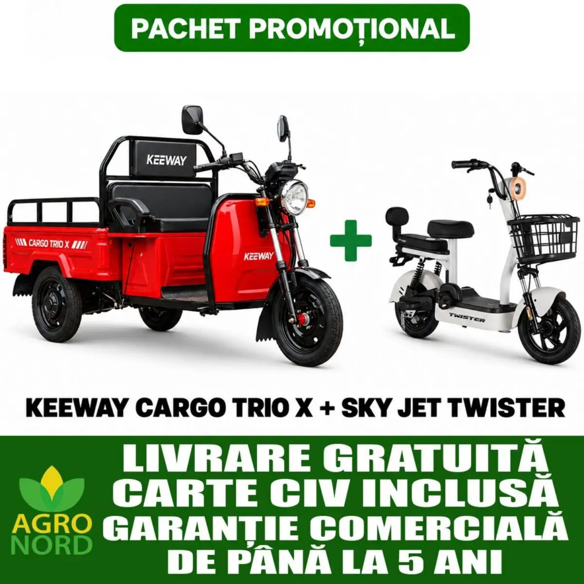 Pachet promoțional - Triciclu electric KEEWAY CARGO TRIO X RED + Scuter electric fără permis SKY JET TWISTER Pachet promoțional - Triciclu electric KEEWAY CARGO TRIO X RED + Scuter electric fără permis SKY JET TWISTER