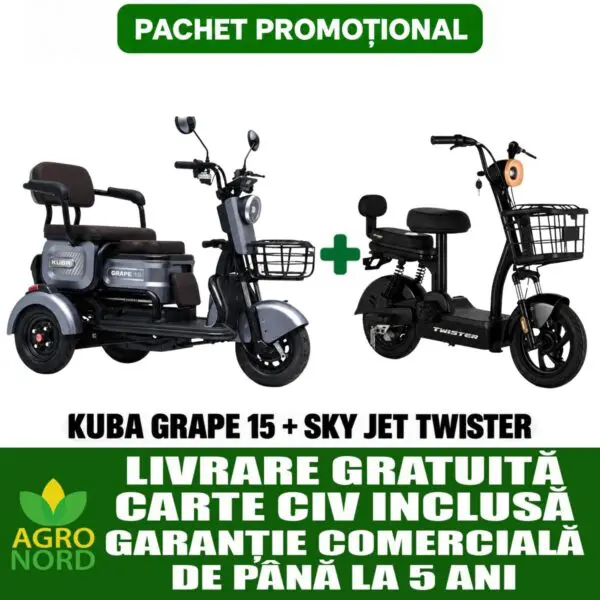 Pachet promoțional – Triciclu electric KUBA GRAPE 15 + Scuter electric SKY JET TWISTER