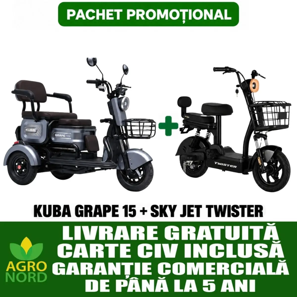 Pachet promoțional – Triciclu electric KUBA GRAPE 15 + Scuter electric SKY JET TWISTER Pachet promoțional – Triciclu electric KUBA GRAPE 15 + Scuter electric SKY JET TWISTER