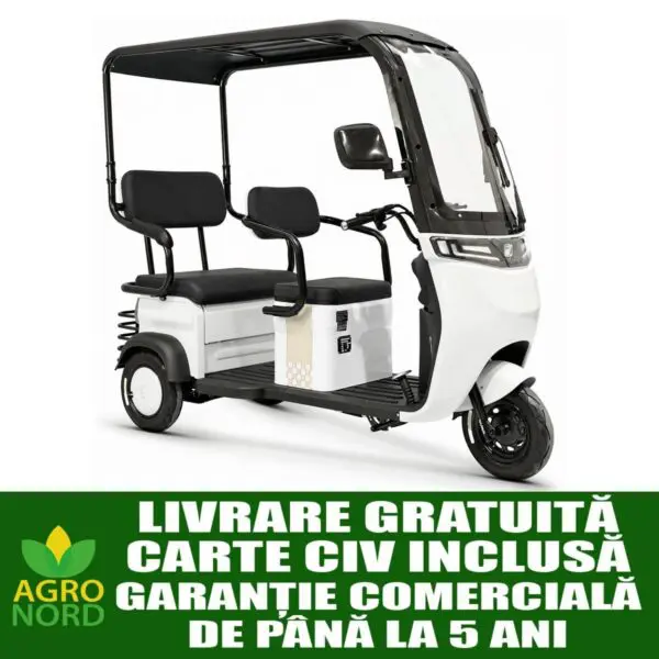 Triciclu electric KUBA OPTIMUS ULTRA, putere motor 650 W, baterie 20Ah/72 V, 50 Km autonomie, fara permis, viteza max 25 km/h, carte RAR inclusa, alb