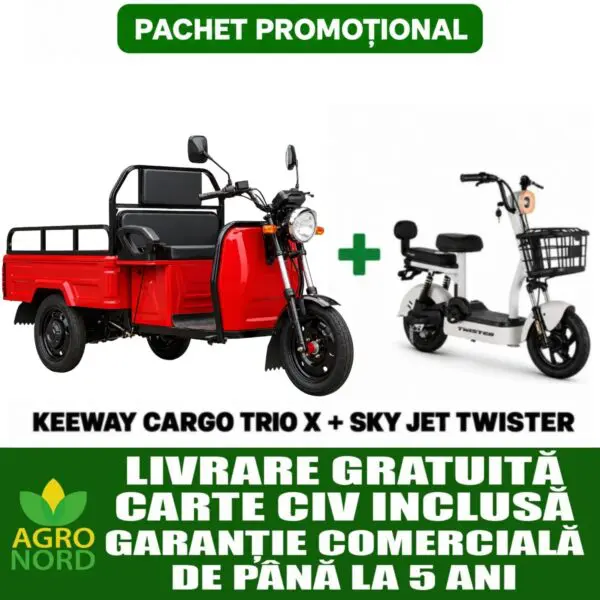 Pachet promoțional - Triciclu electric KEEWAY CARGO TRIO X RED + Scuter electric fără permis SKY JET TWISTER