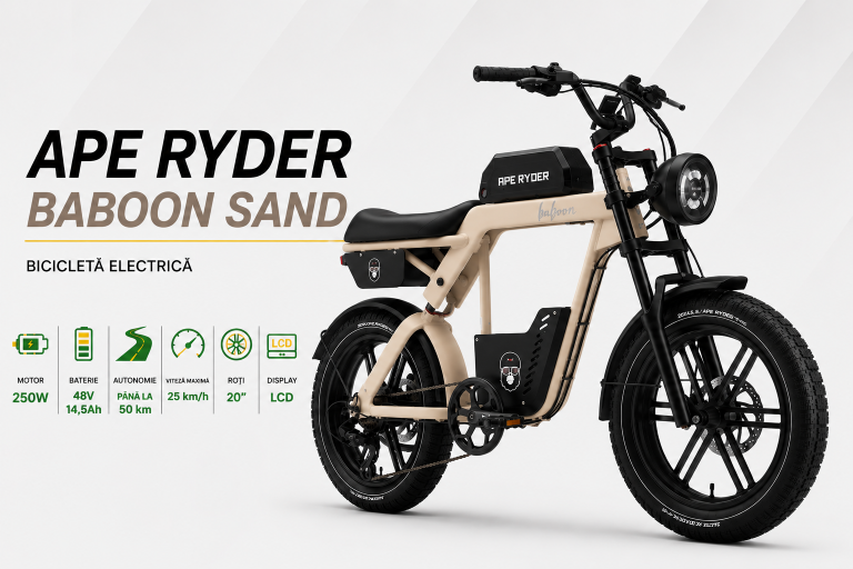 Bicicletă electrică APE RYDER BABOON SAND, motor 250W, baterie 48V 14,5Ah, autonomie până la 50 km, roți 20 inch
