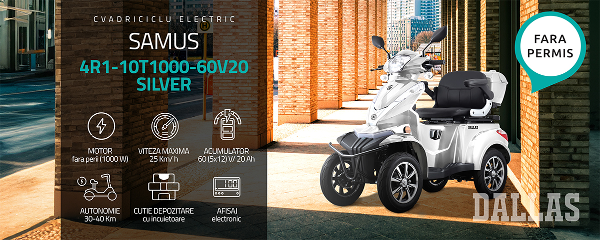 Cvadriciclu electric SAMUS DALLAS-4R1-10T1000-60V20-Silver, 10 inch, motor 1000 W, acumulator 60V/20Ah, viteza maxima 25 km/h, autonomie pana la 40 km, sarcina maxima 95 kg, 1 loc, argintiu