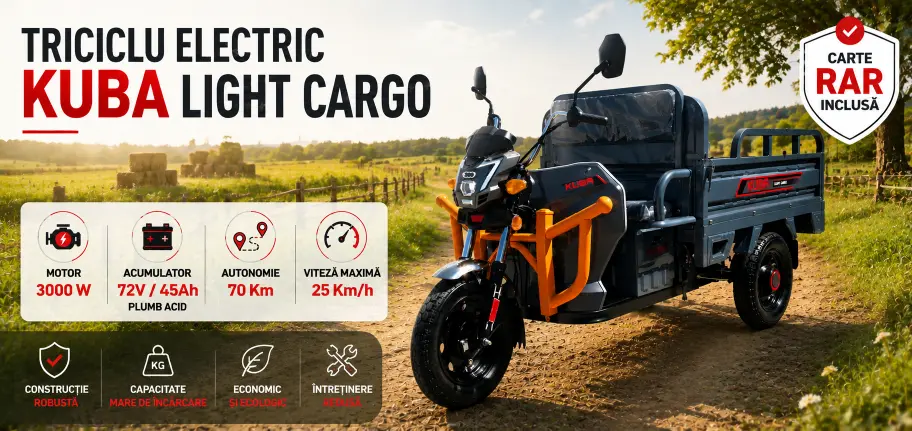 Triciclu electric KUBA LIGHT CARGO gri, motor 3000W, baterie 72V/45Ah, autonomie 70 km.