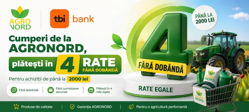 Banner promotional AgroNord cu oferta de cumparaturi in 4 rate egale fara dobanda prin tbi bank pentru produse de pana la 2000 lei