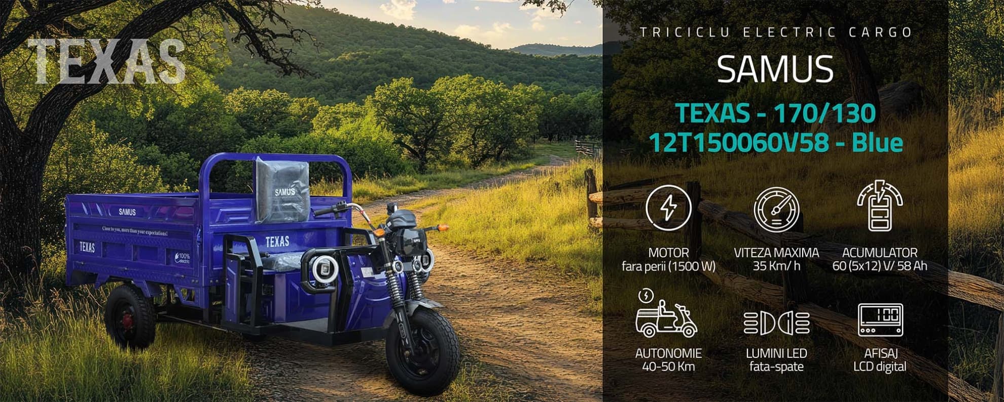 Triciclu electric cargo Samus Texas Albastru banner principal
