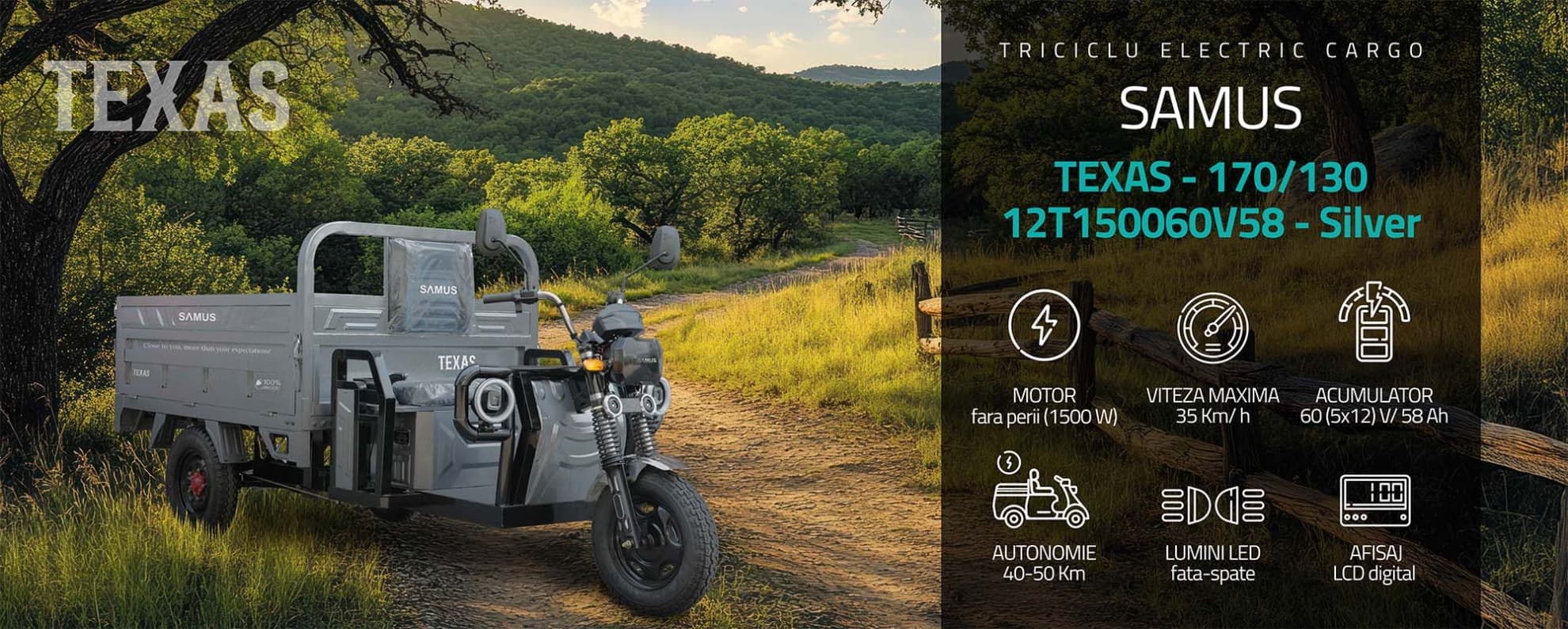 Triciclu electric cargo Samus Texas Silver banner principal