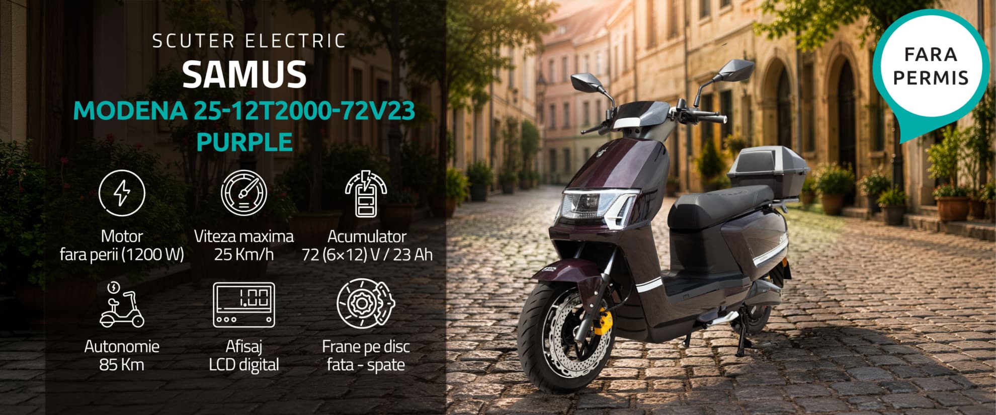 Scuter electric Samus Modena 25 Violet banner principal