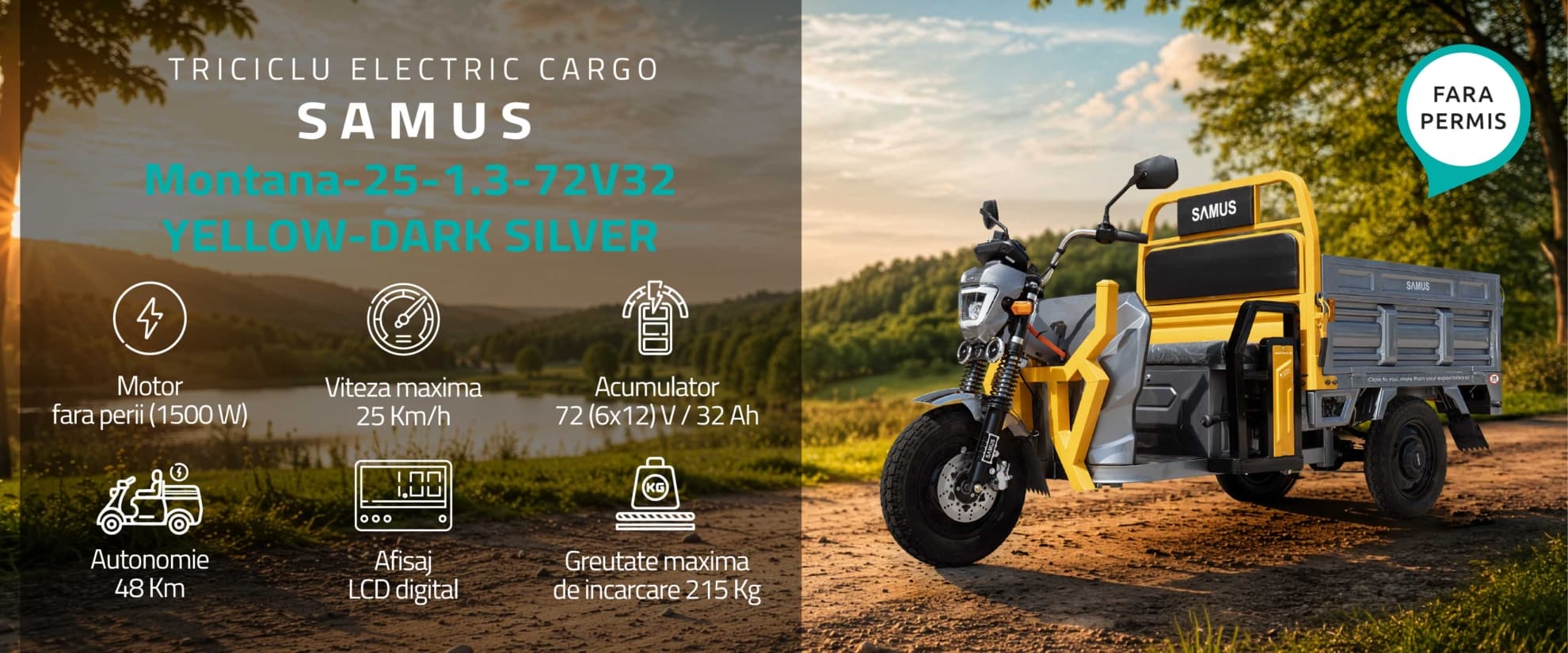 Triciclu electric cargo Samus Montana 25 varianta Yellow Dark Silver banner