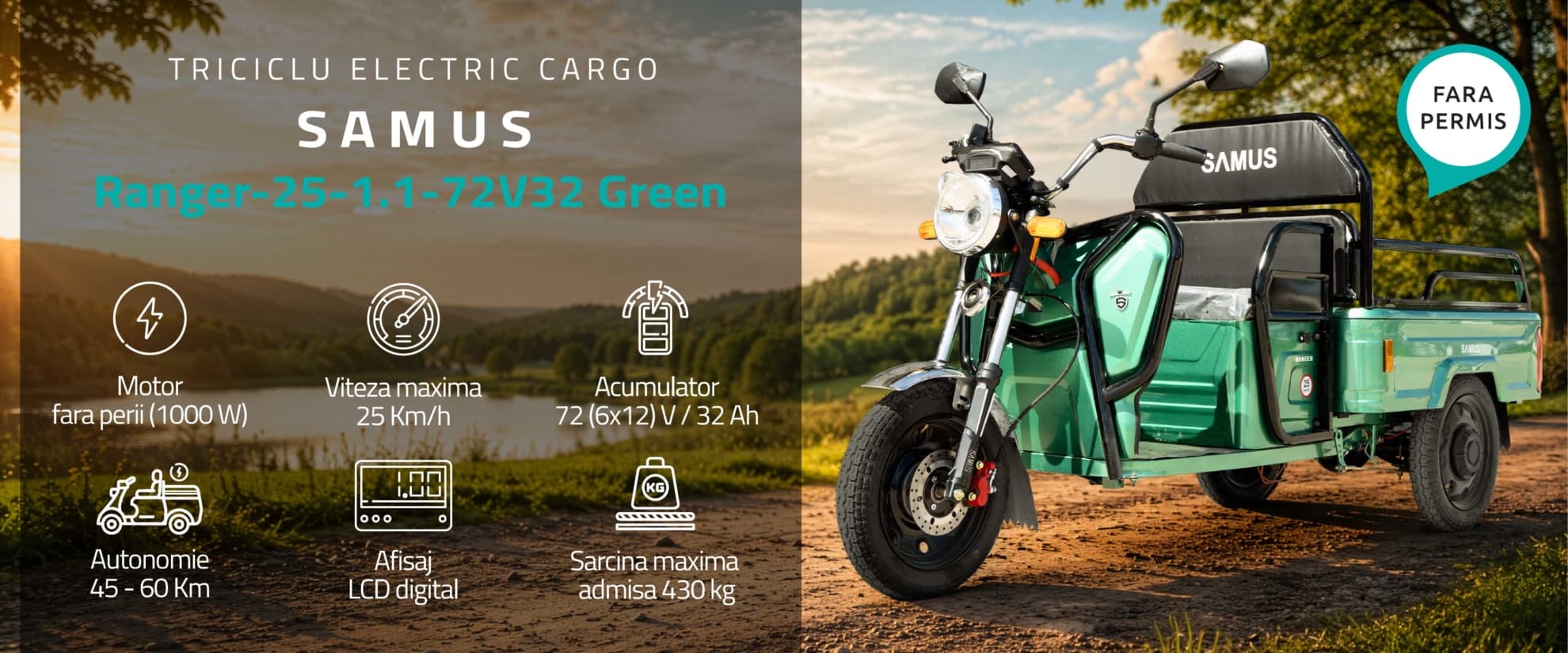Triciclu electric cargo Samus Ranger 25 verde banner principal