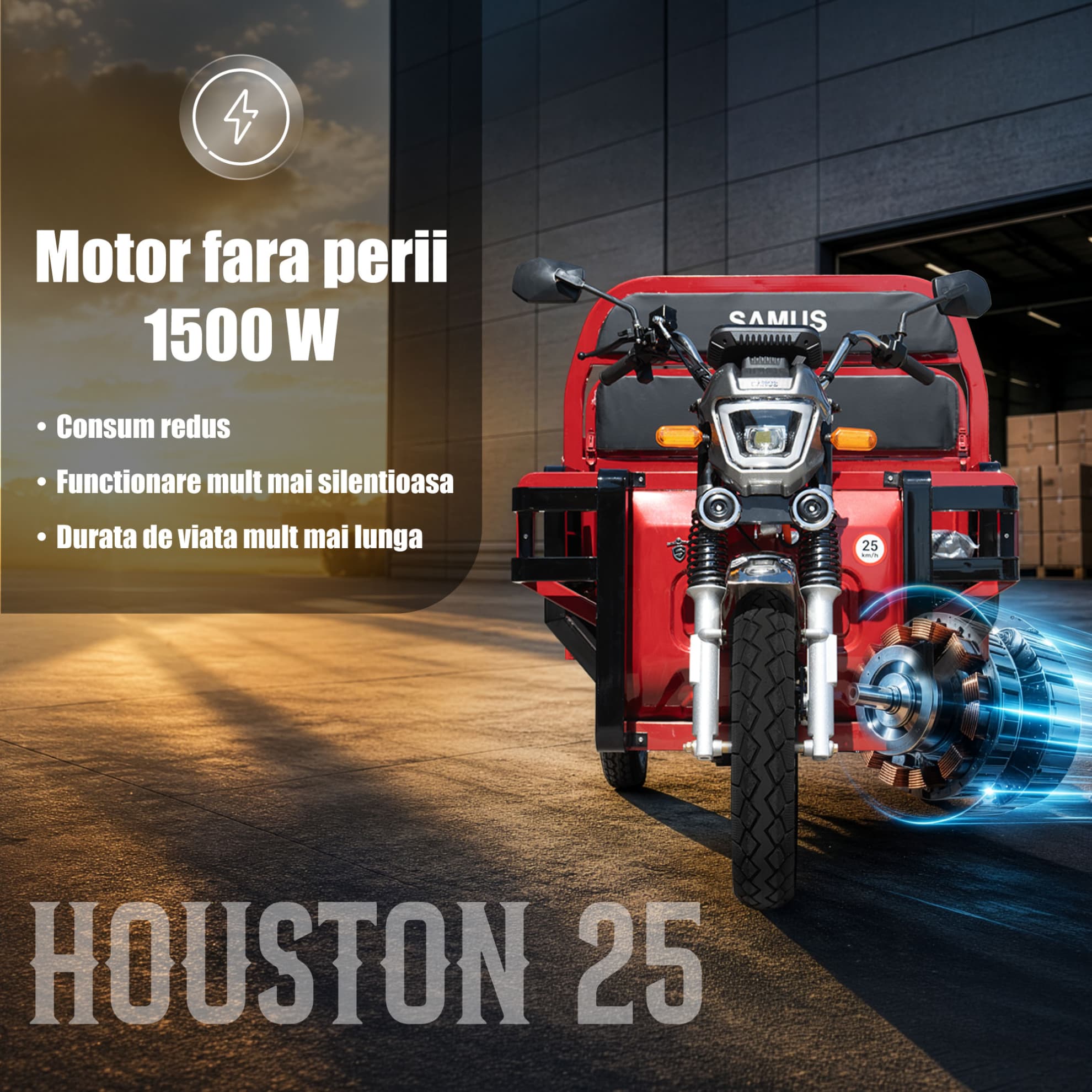 Motor electric 1500W fără perii triciclu cargo Samus Houston 25 Red