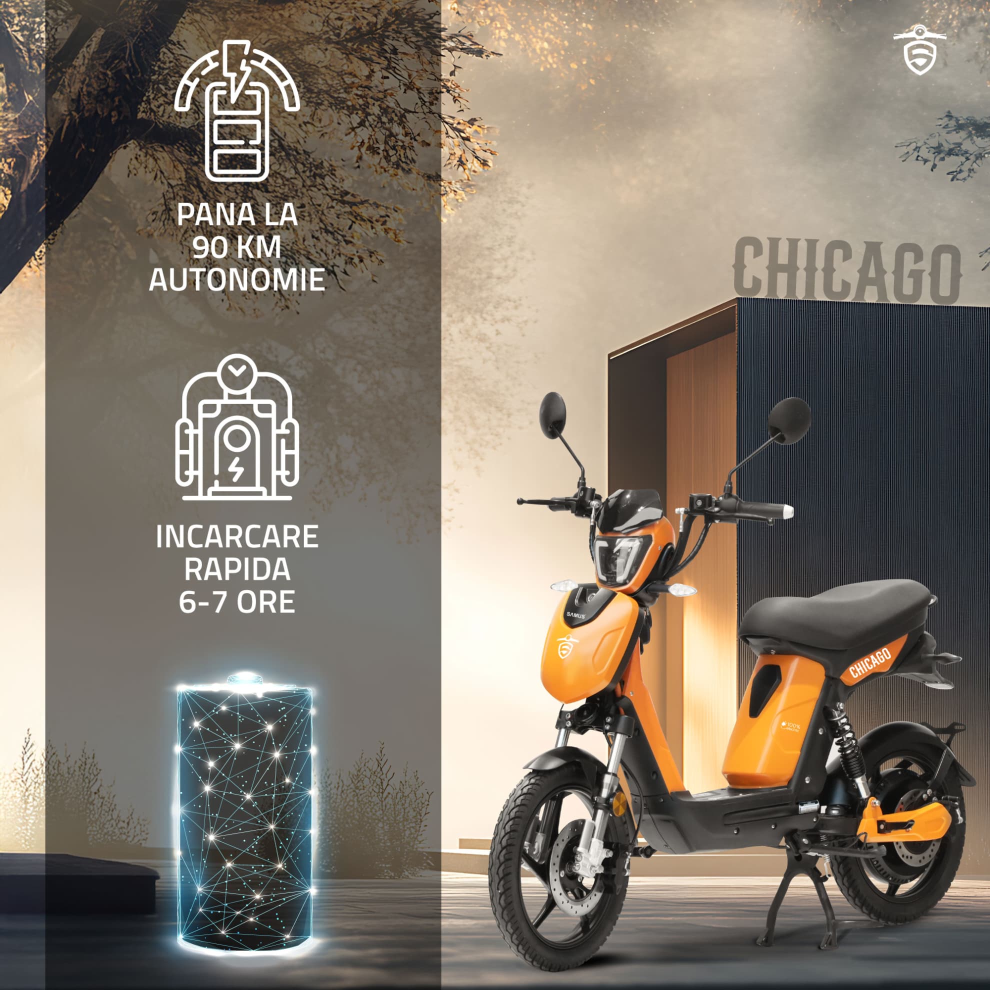 Autonomie și sistem baterie scuter electric Samus Chicago portocaliu