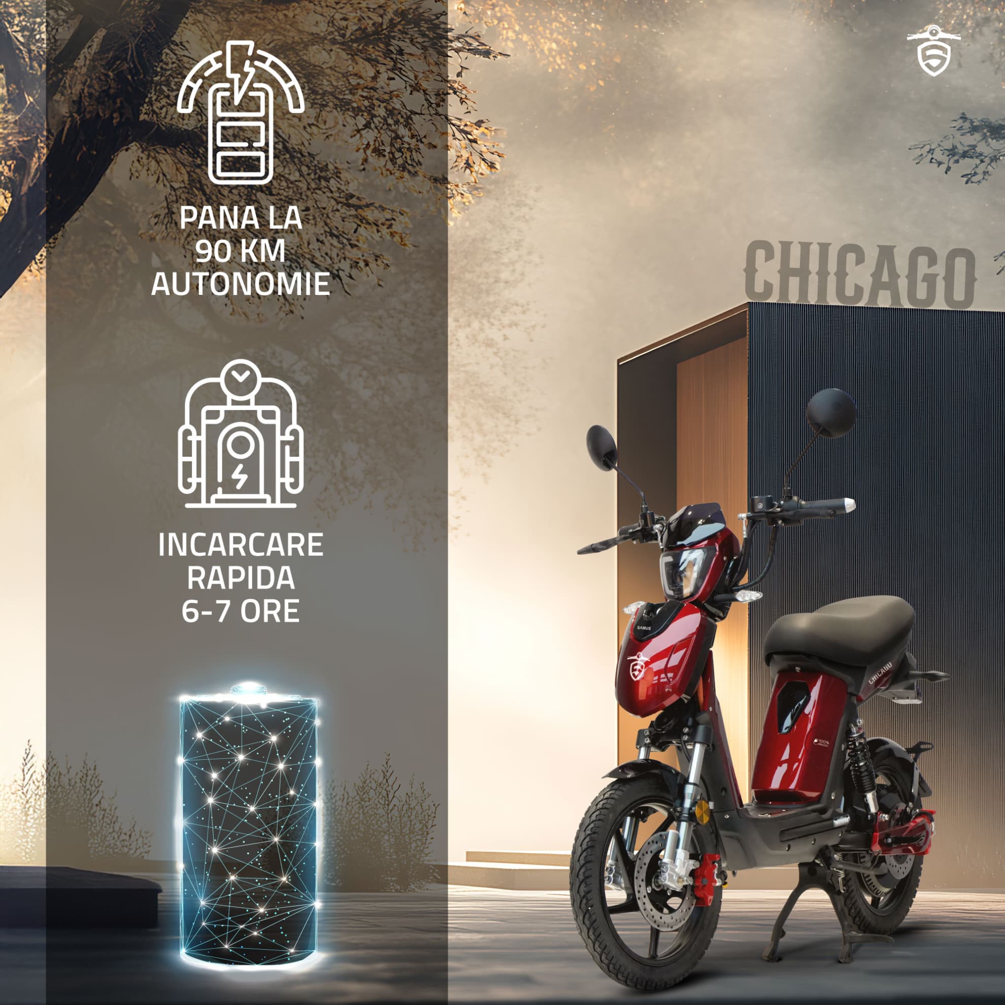 Autonomie și sistem baterie scuter electric Samus Chicago roșu