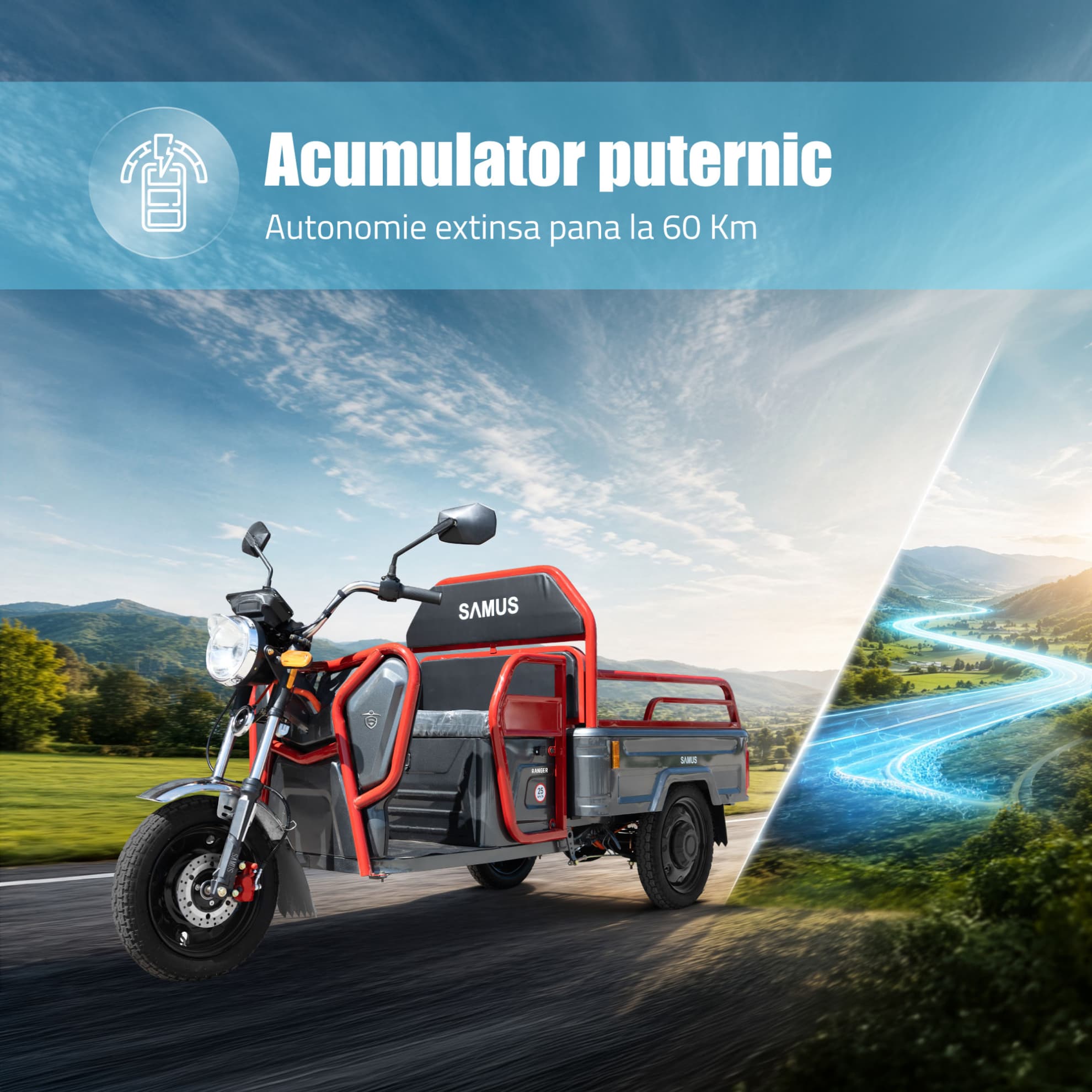 Autonomie extinsă triciclu electric cargo Samus Ranger 25 Red Dark Silver