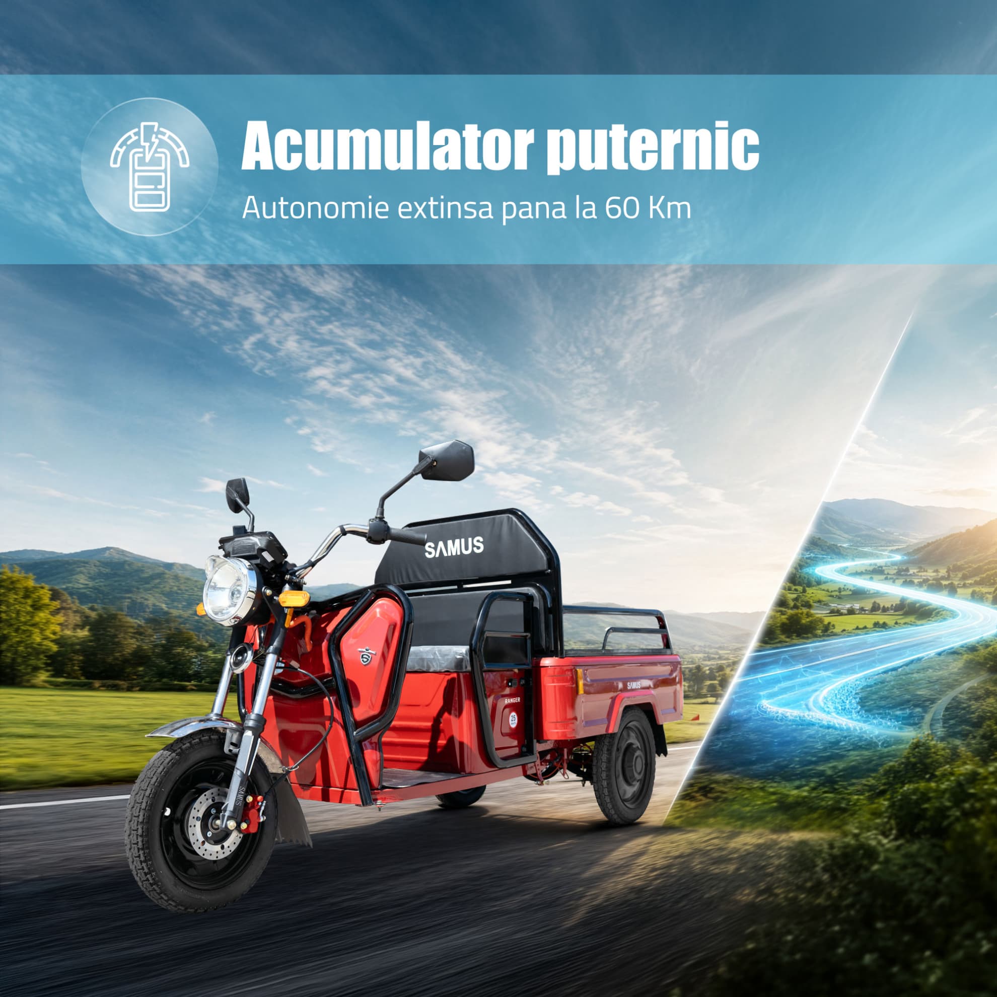 Autonomie extinsă până la 60 km triciclu electric cargo Samus Ranger 25 Red