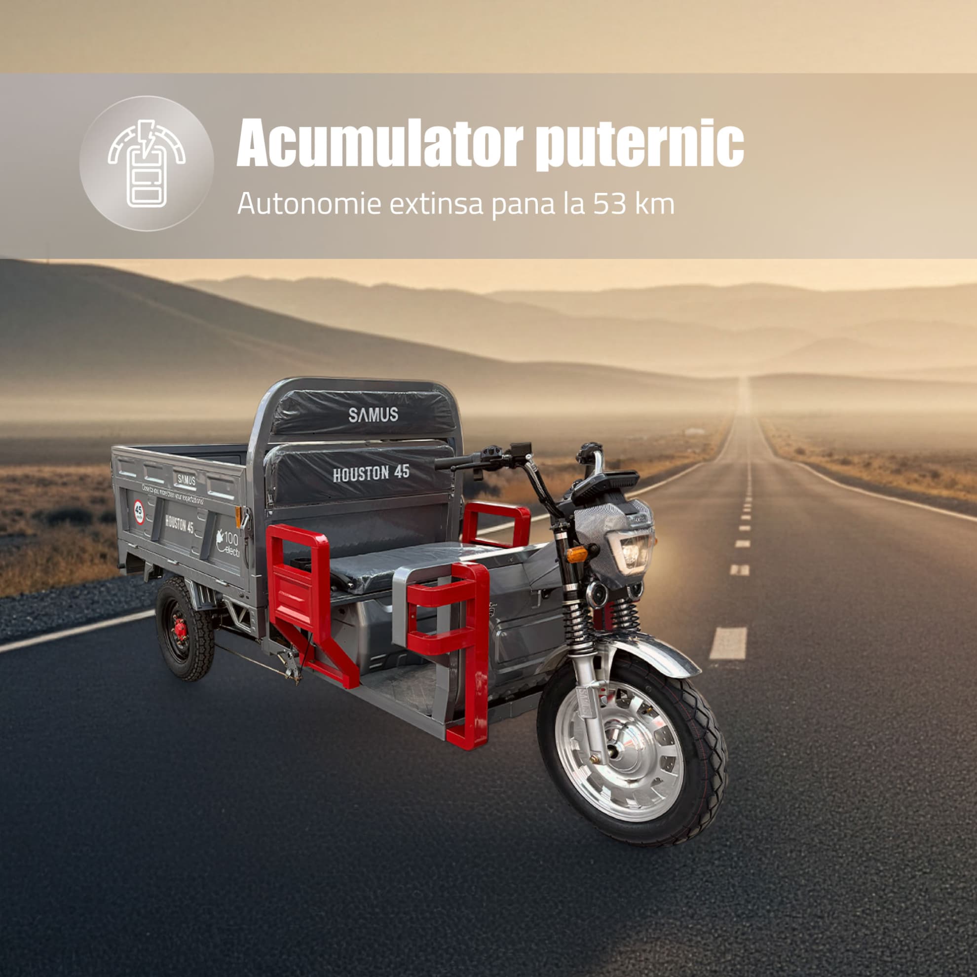 Acumulator triciclu electric cargo Samus Houston 45 Silver autonomie extinsă
