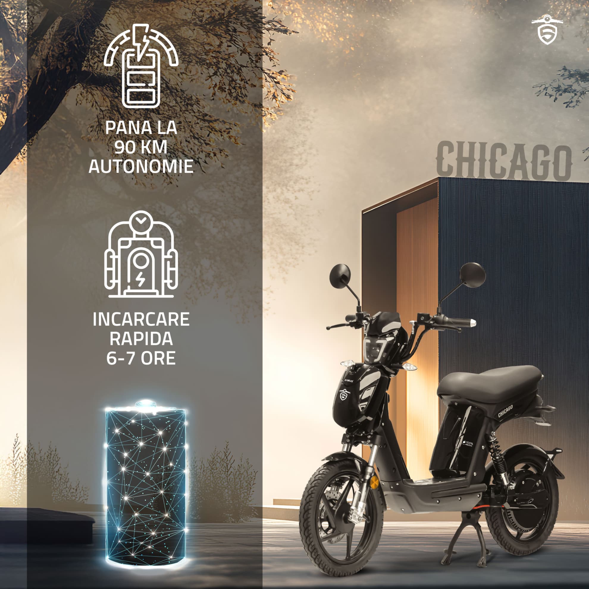 Autonomie și sistem baterie scuter electric Samus Chicago negru